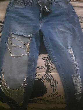 SHEIN Dark Blue Skinny Jeans with Gold Chain Accents